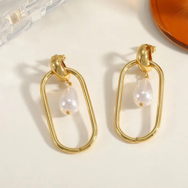 Oval Gold Earrings with Dangling Pearl Drop - EA-18