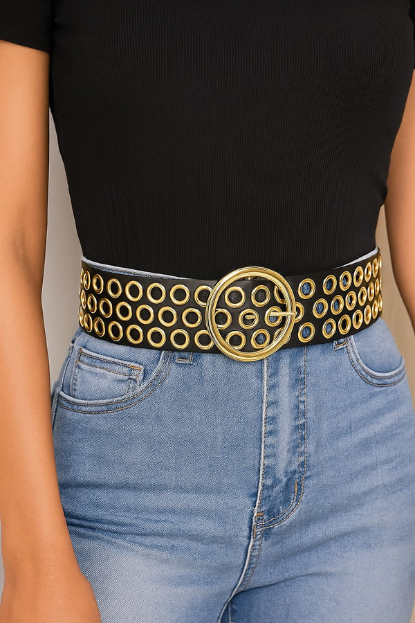 Trendy Wide Belt with Gold Metal Accents T-23