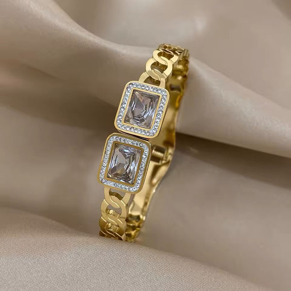 Elegant Gold Bracelet with Dual Crystal Stones - BR-19