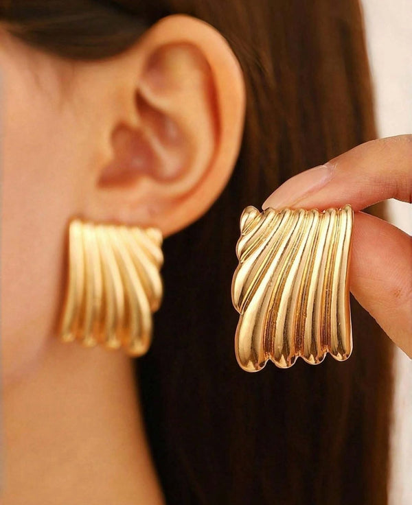 Bold Gold Wave-Textured Statement Earrings - EA-13