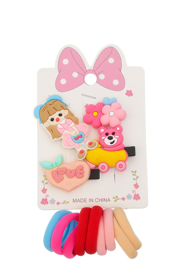 Kids Hair Accessory Set with Cartoon Clips & Colorful Hair Ties – F-4