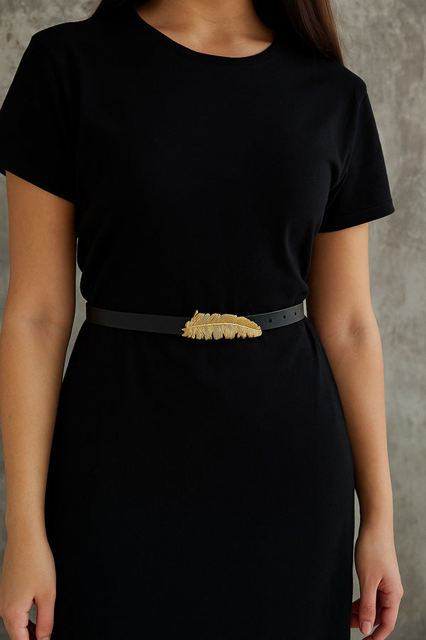 Black Belt with Golden Leaf Buckle T-27